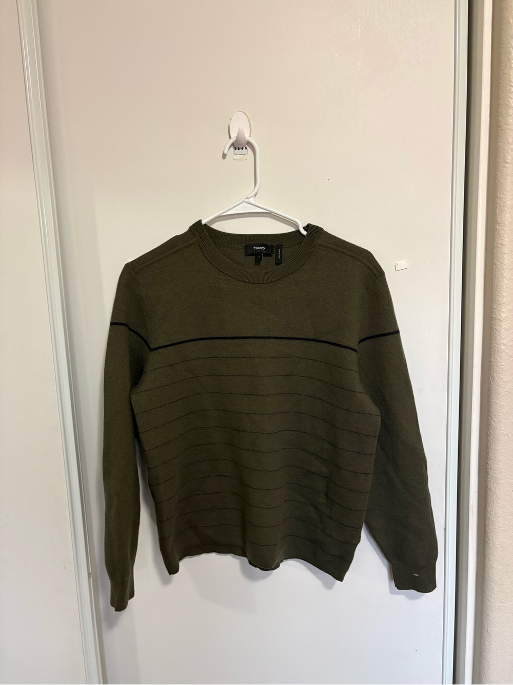 Theory Arnaud Striped Crewneck Sweater in Regal Wool Mens L Olive Green Preppy